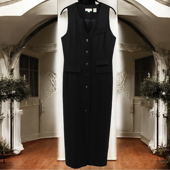 Vintage Y2K Ann Taylor Black Maxi Dress Button up Old Money Capsule 100% Wool 2 - Picture 1 of 10